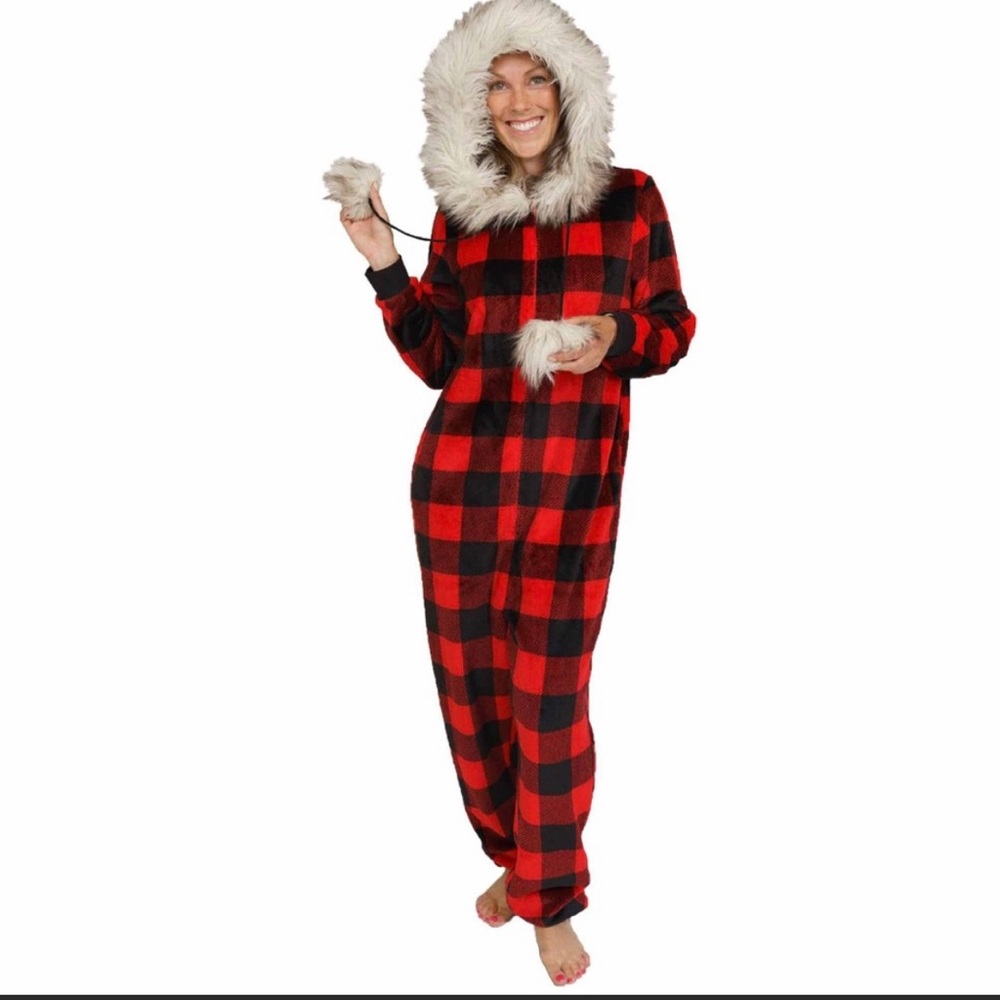 Red Black Buffalo Plaid Fleece 1 Piece Zip Front Pajama Jumpsuit XL